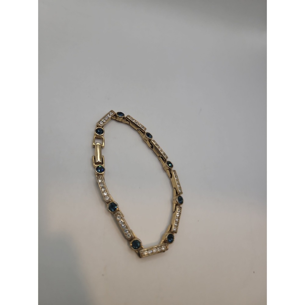 Premier Designs Gold Tone Blue Rhinestone Clear Crystal Tennis Link Bracelet